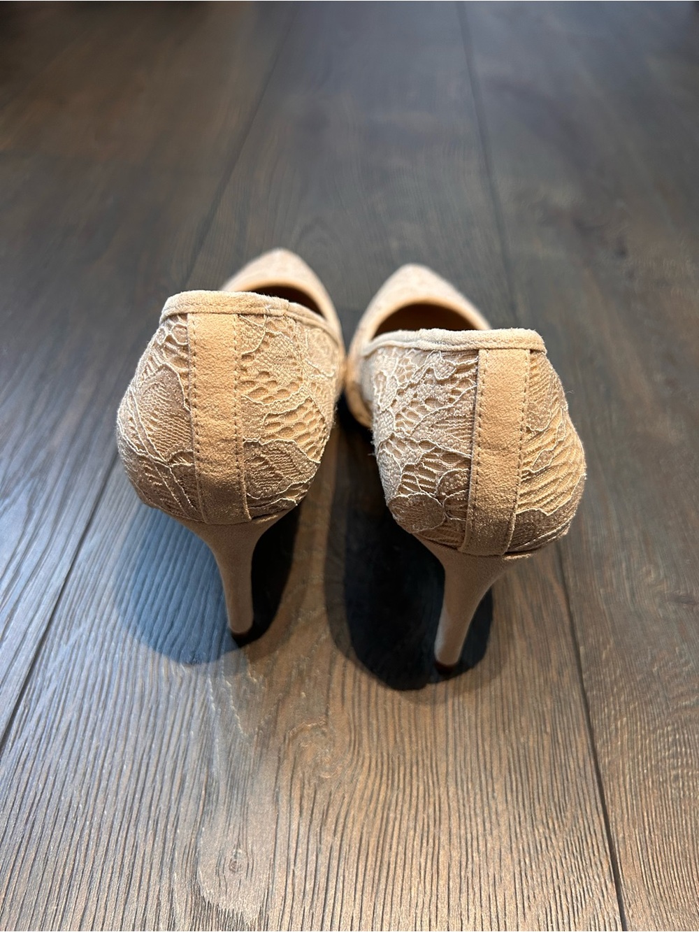 Kelly & Katie Beige/Tan Lace Pointed Toe High Heels - Picture 2 of 6